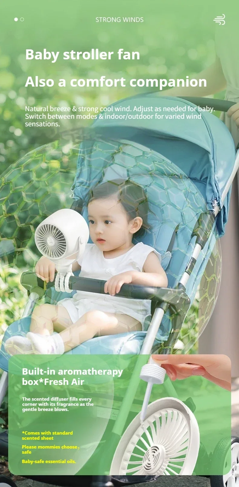 Baby Stroller Fan Adjustable Portable Clip Fan with Auto Oscillate Night Light Aroma Box USB Rechargeable Cooling Fan for Crib