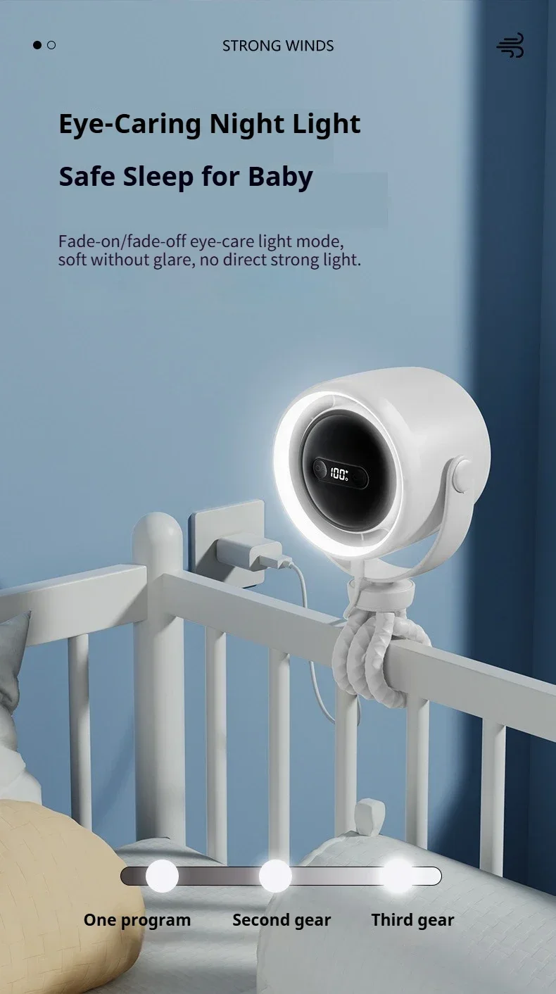 Baby Stroller Fan Adjustable Portable Clip Fan with Auto Oscillate Night Light Aroma Box USB Rechargeable Cooling Fan for Crib