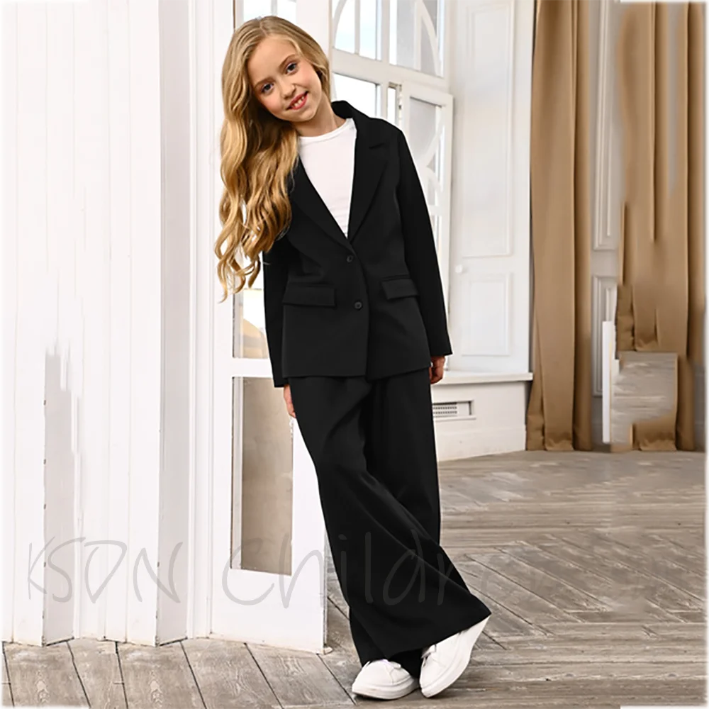 Girls Black 2 Piece Suit Single Breasted Blazer Notch Lapel Wide Leg Pants Set Kids Formal Birthday Wedding Party Fashion Outfit