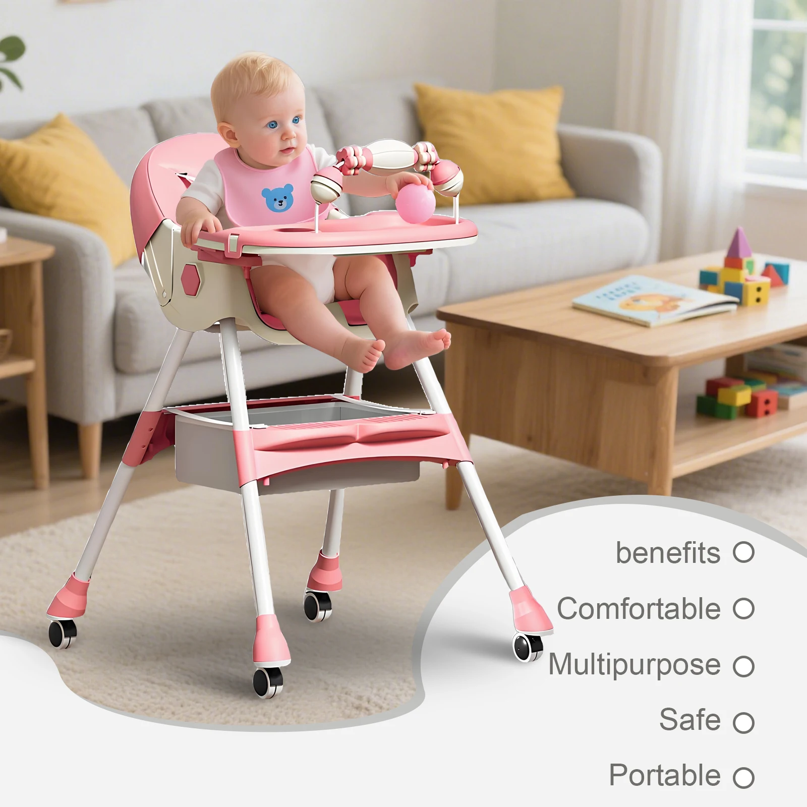 (6+ Months) 4 In 1 Foldable Baby High Chair For Babies And Toddlers With Detachable Pu Cushion, Removable Tray, Adjustable Height With Wheels Easy-To-Clean Feeding Design