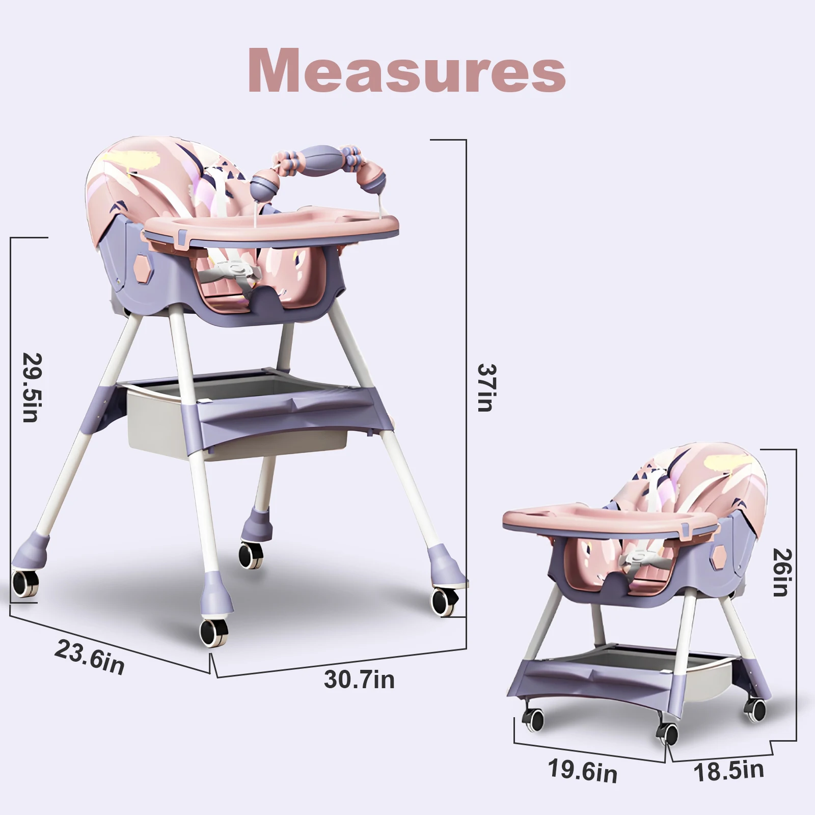 (6+ Months) 4 In 1 Foldable Baby High Chair For Babies And Toddlers With Detachable Pu Cushion, Removable Tray, Adjustable Height With Wheels Easy-To-Clean Feeding Design