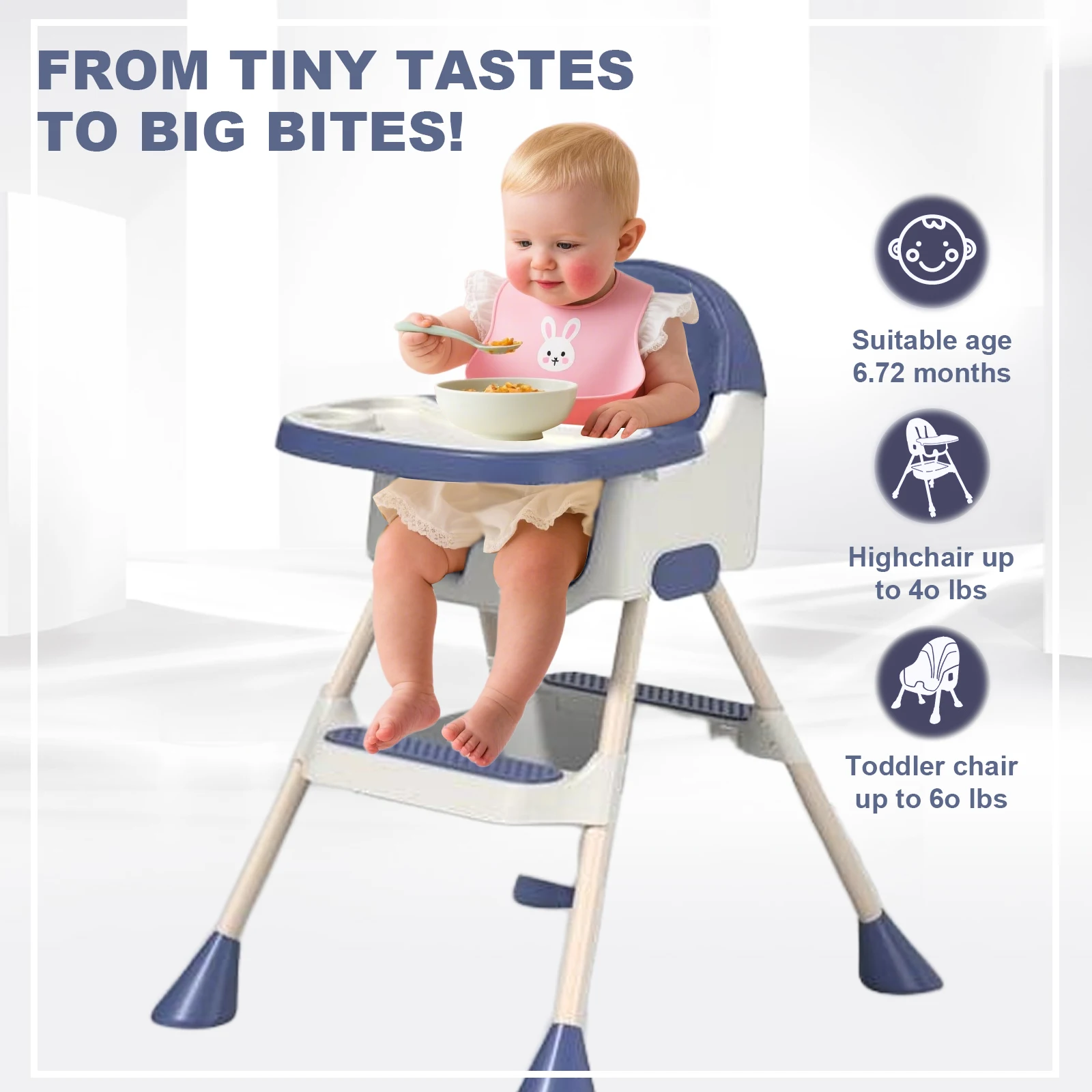 (6+ Months) 4 In 1 Foldable Baby High Chair For Babies And Toddlers With Detachable Pu Cushion, Removable Tray, Adjustable Height With Wheels Easy-To-Clean Feeding Design