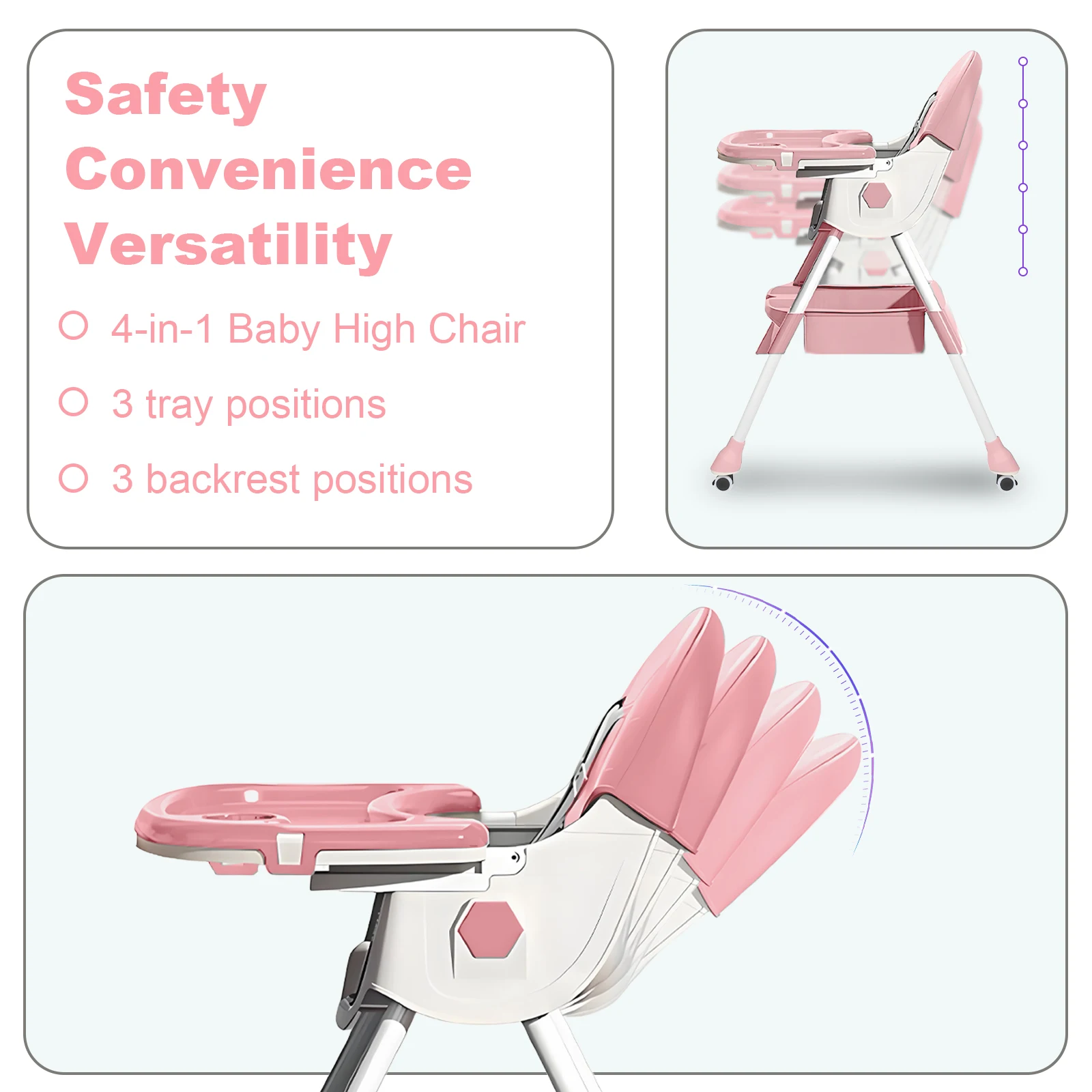 (6+ Months) 4 In 1 Foldable Baby High Chair For Babies And Toddlers With Detachable Pu Cushion, Removable Tray, Adjustable Height With Wheels Easy-To-Clean Feeding Design