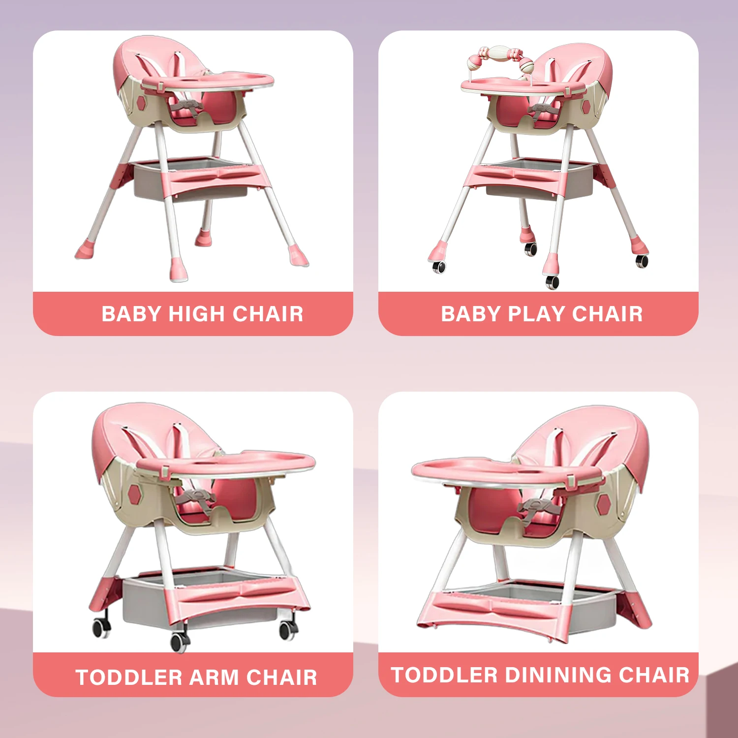 (6+ Months) 4 In 1 Foldable Baby High Chair For Babies And Toddlers With Detachable Pu Cushion, Removable Tray, Adjustable Height With Wheels Easy-To-Clean Feeding Design