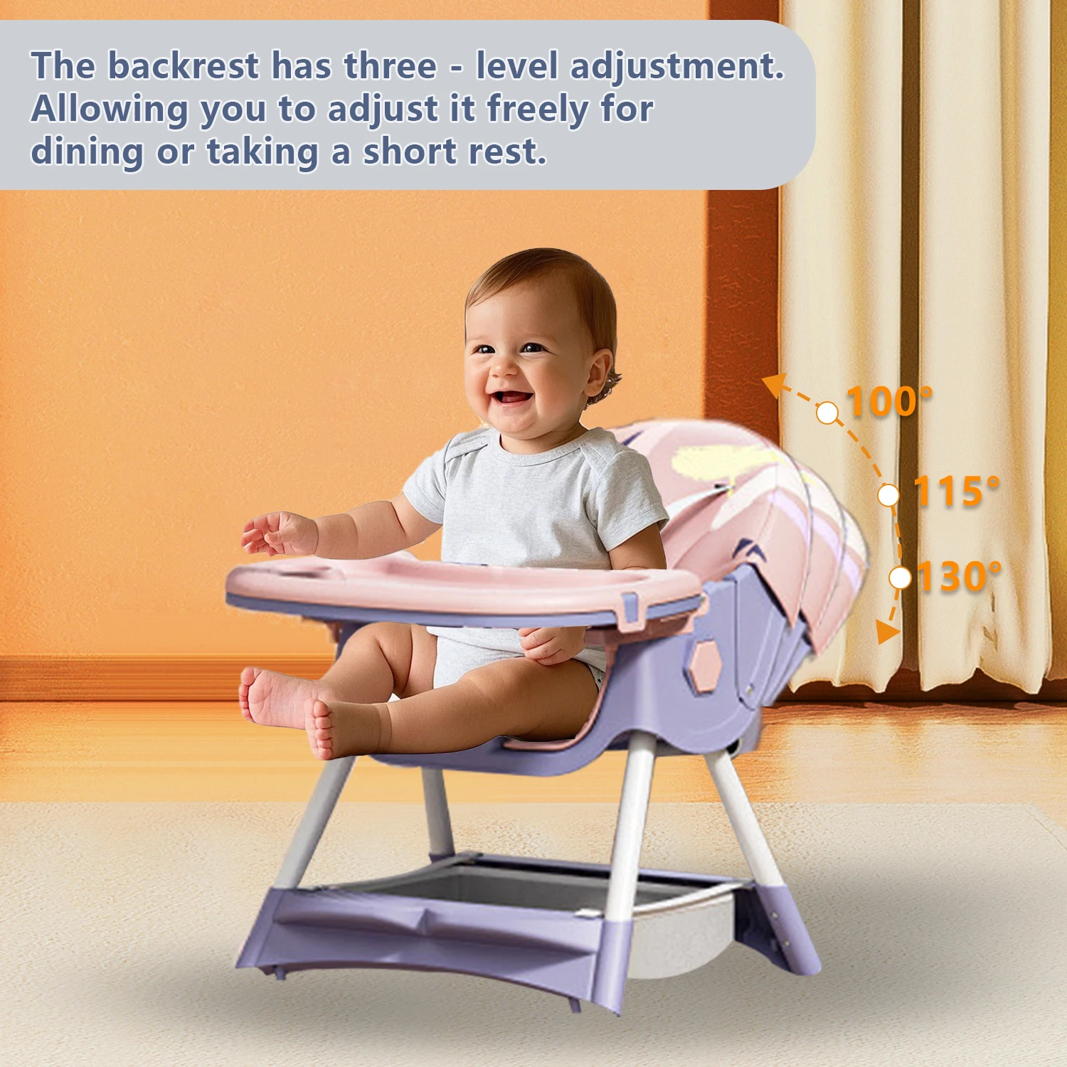 (6+ Months) 4 In 1 Foldable Baby High Chair For Babies And Toddlers With Detachable Pu Cushion, Removable Tray, Adjustable Height With Wheels Easy-To-Clean Feeding Design