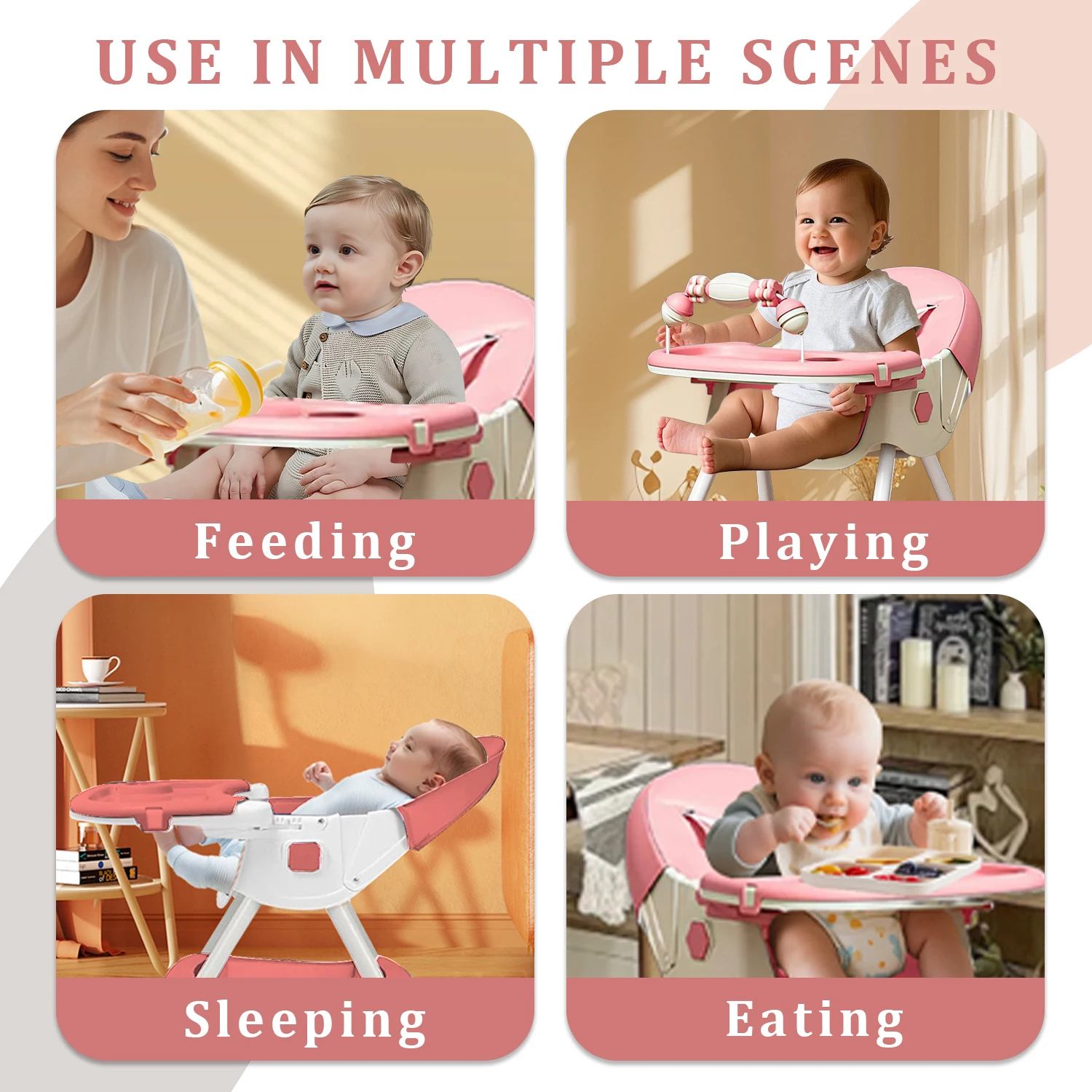 (6+ Months) 4 In 1 Foldable Baby High Chair For Babies And Toddlers With Detachable Pu Cushion, Removable Tray, Adjustable Height With Wheels Easy-To-Clean Feeding Design
