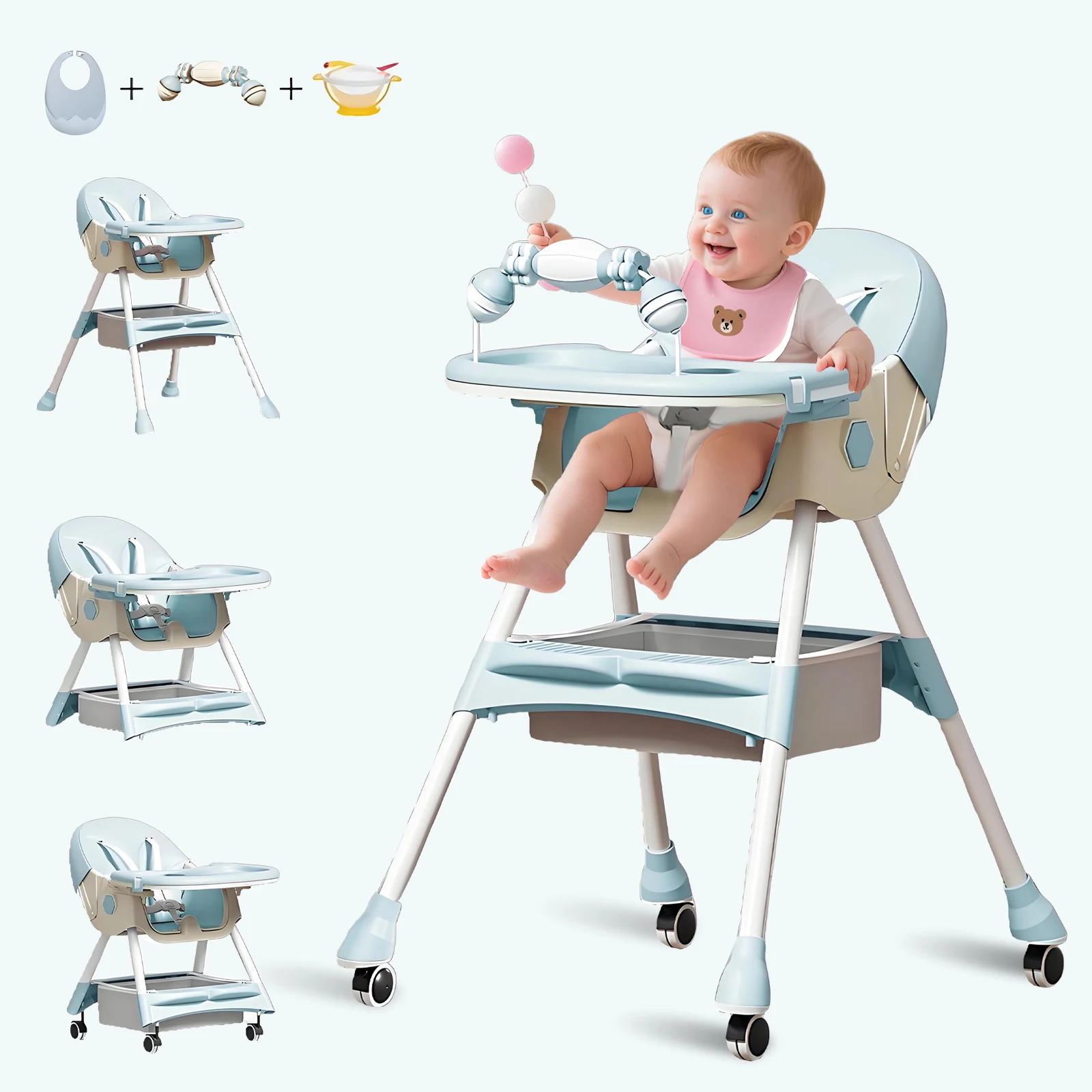 (6+ Months) 4 In 1 Foldable Baby High Chair For Babies And Toddlers With Detachable Pu Cushion, Removable Tray, Adjustable Height With Wheels Easy-To-Clean Feeding Design