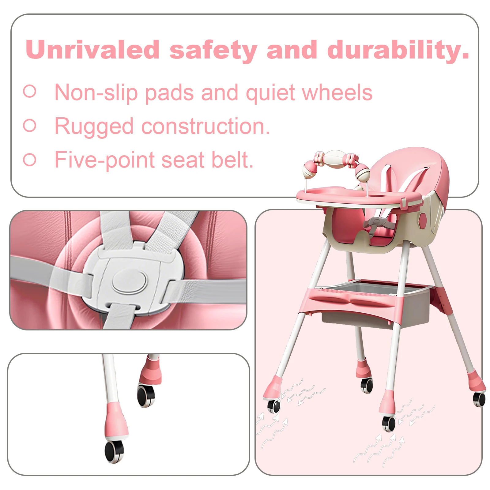 (6+ Months) 4 In 1 Foldable Baby High Chair For Babies And Toddlers With Detachable Pu Cushion, Removable Tray, Adjustable Height With Wheels Easy-To-Clean Feeding Design