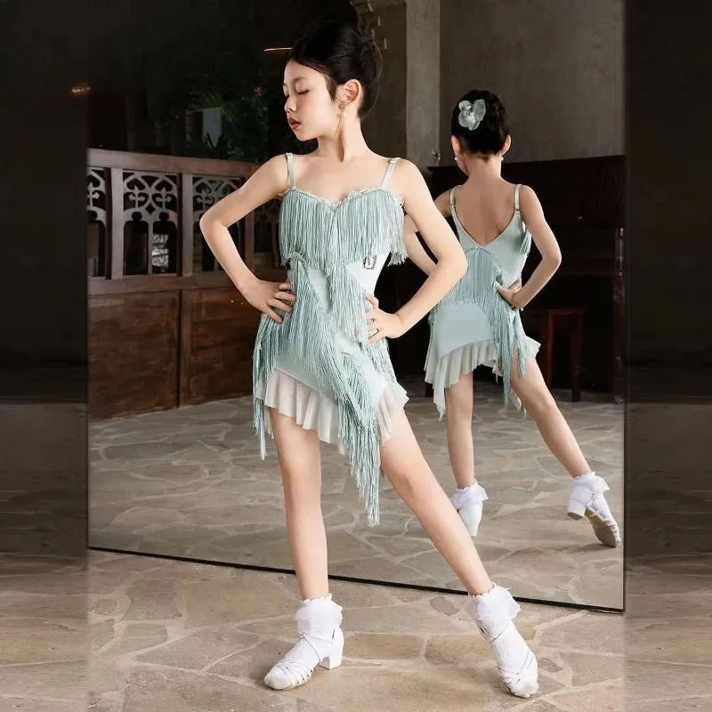 Latin Dance Tassel Dress Irregular Mesh Dance Outfit Professional Practice Costume Stage Performance Attire Daily Training Wear