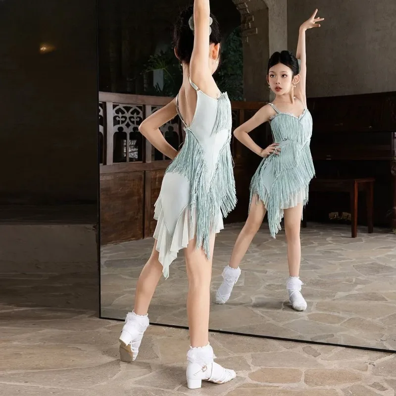 Latin Dance Tassel Dress Irregular Mesh Dance Outfit Professional Practice Costume Stage Performance Attire Daily Training Wear