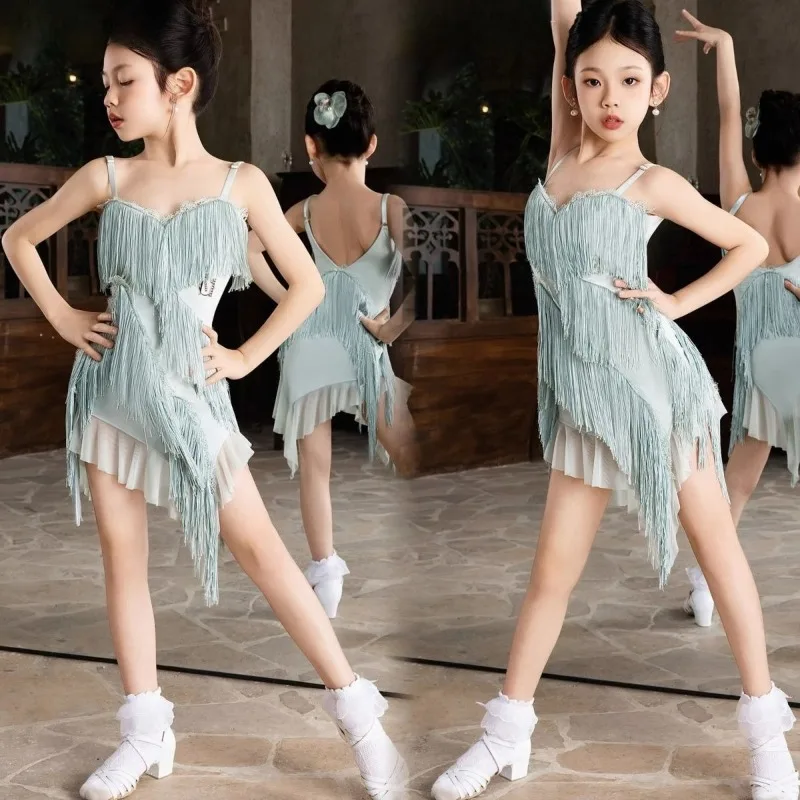 Latin Dance Tassel Dress Irregular Mesh Dance Outfit Professional Practice Costume Stage Performance Attire Daily Training Wear