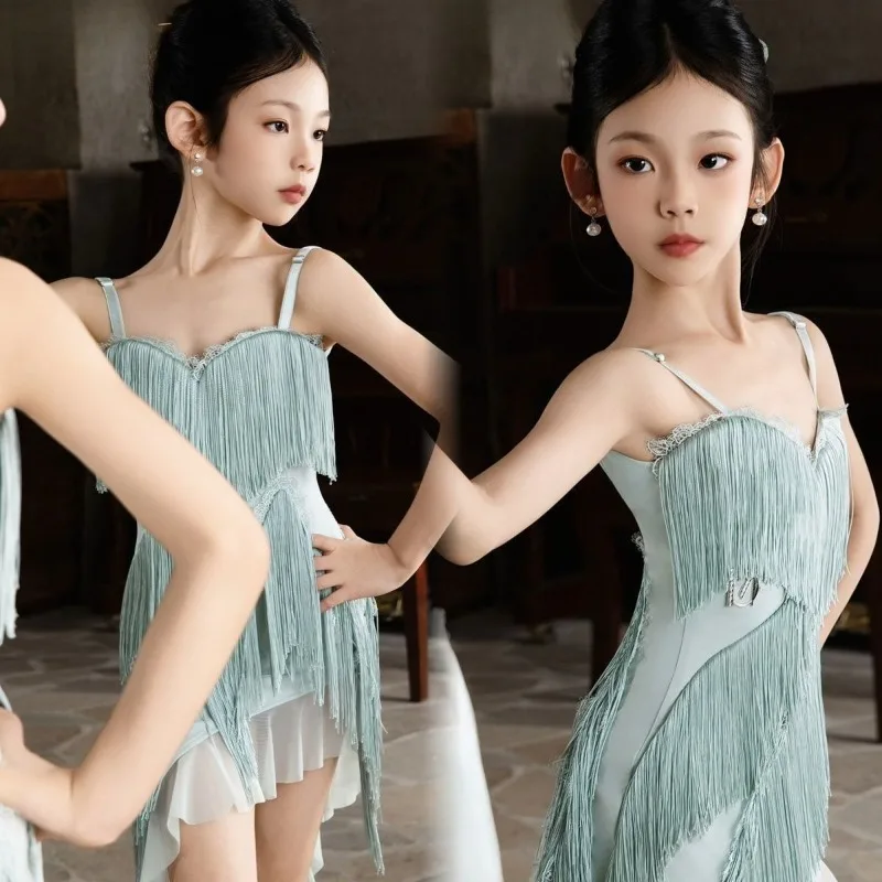 Latin Dance Tassel Dress Irregular Mesh Dance Outfit Professional Practice Costume Stage Performance Attire Daily Training Wear