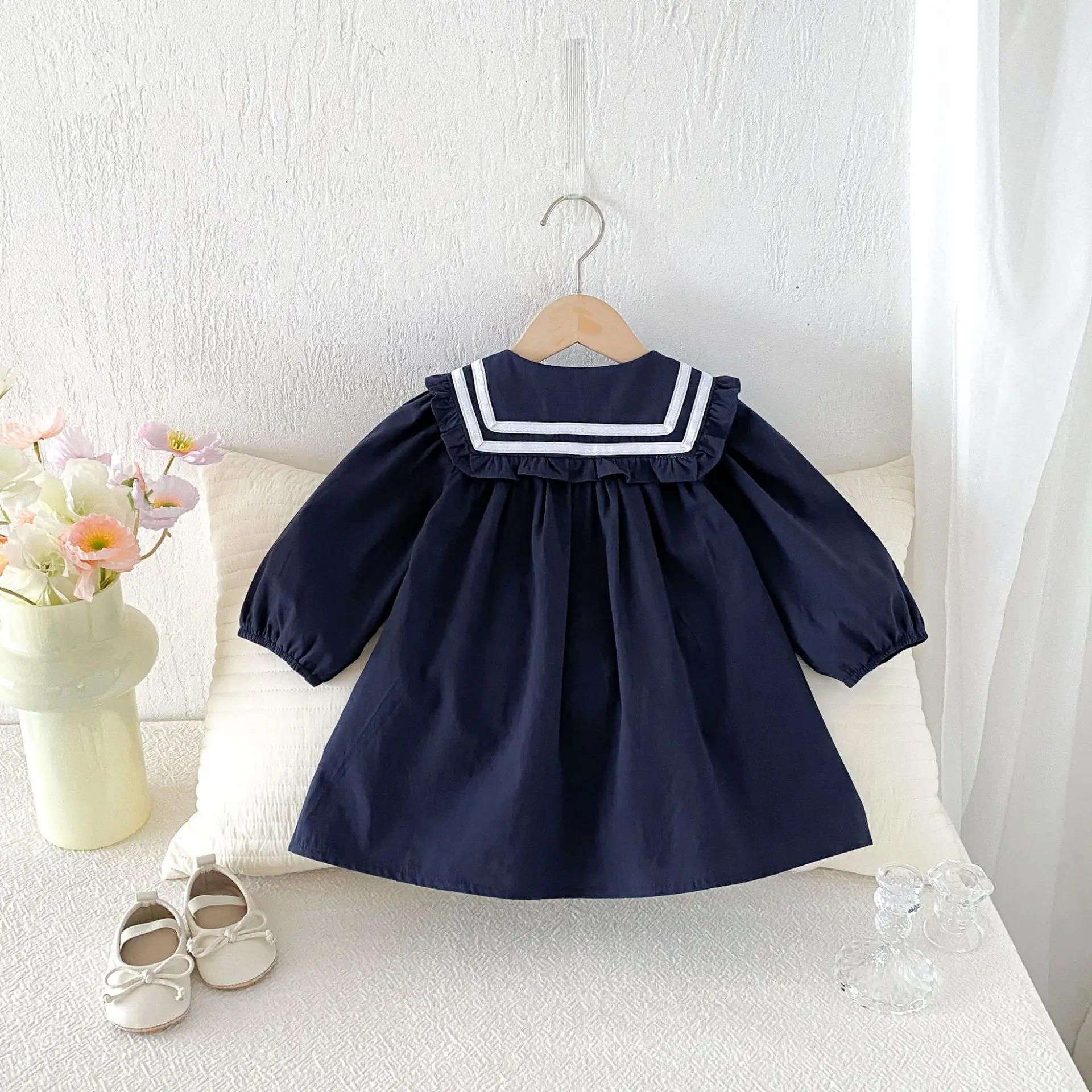 2026 Summer New Boys Girls Sailor Collar Clothes Set Children Long Sleeve Casual Lapel Shirts + Pants 2pcs Suit Toddler Outfits