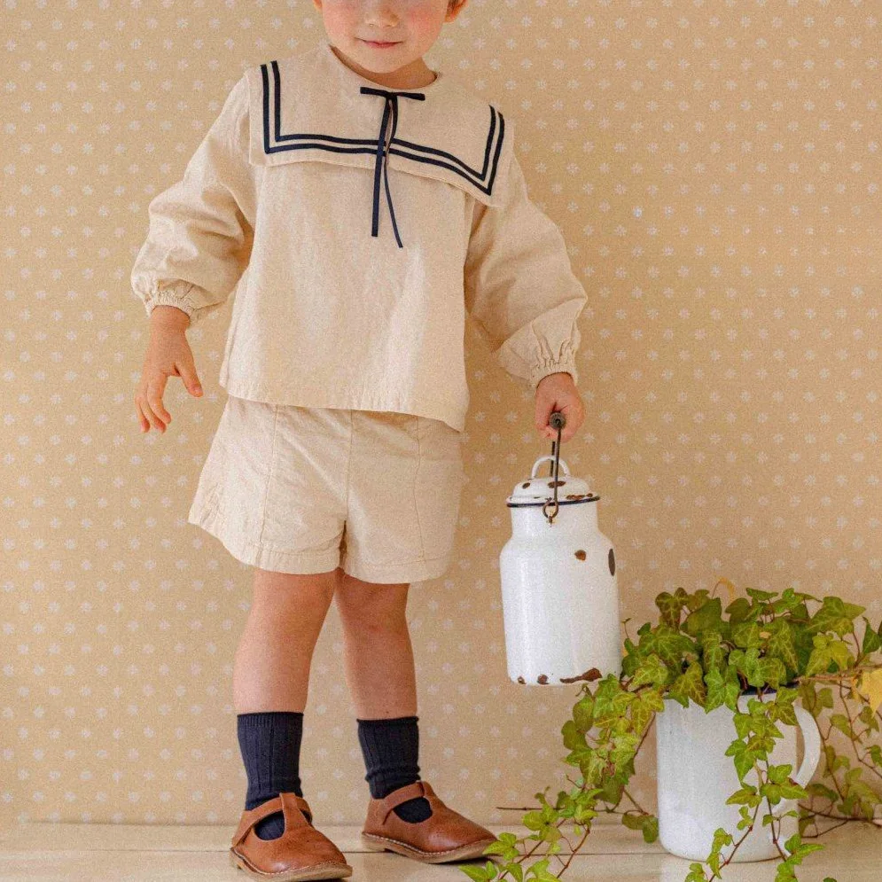 2026 Summer New Boys Girls Sailor Collar Clothes Set Children Long Sleeve Casual Lapel Shirts + Pants 2pcs Suit Toddler Outfits