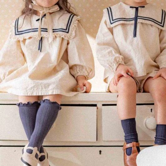 2026 Summer New Boys Girls Sailor Collar Clothes Set Children Long Sleeve Casual Lapel Shirts + Pants 2pcs Suit Toddler Outfits