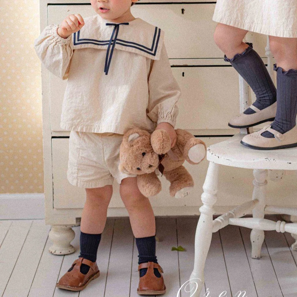 2026 Summer New Boys Girls Sailor Collar Clothes Set Children Long Sleeve Casual Lapel Shirts + Pants 2pcs Suit Toddler Outfits
