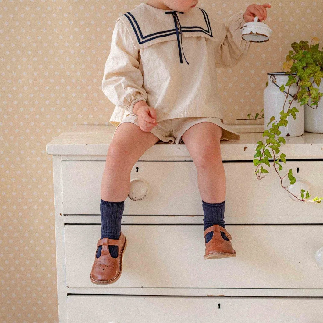 2026 Summer New Boys Girls Sailor Collar Clothes Set Children Long Sleeve Casual Lapel Shirts + Pants 2pcs Suit Toddler Outfits