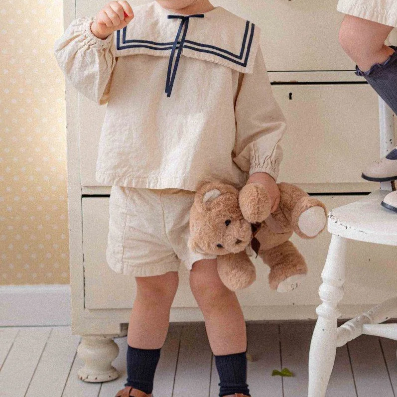 2026 Summer New Boys Girls Sailor Collar Clothes Set Children Long Sleeve Casual Lapel Shirts + Pants 2pcs Suit Toddler Outfits