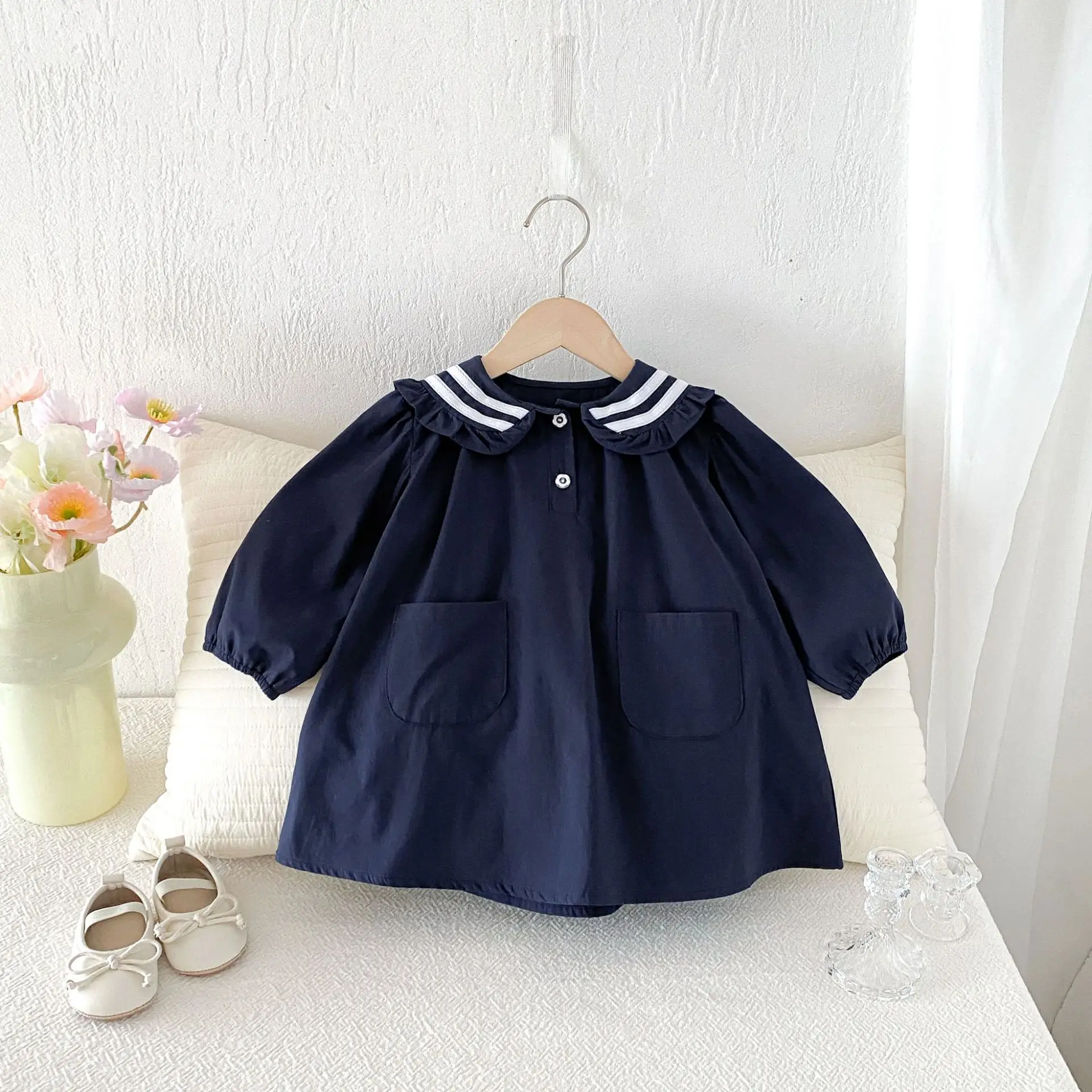 2026 Summer New Boys Girls Sailor Collar Clothes Set Children Long Sleeve Casual Lapel Shirts + Pants 2pcs Suit Toddler Outfits