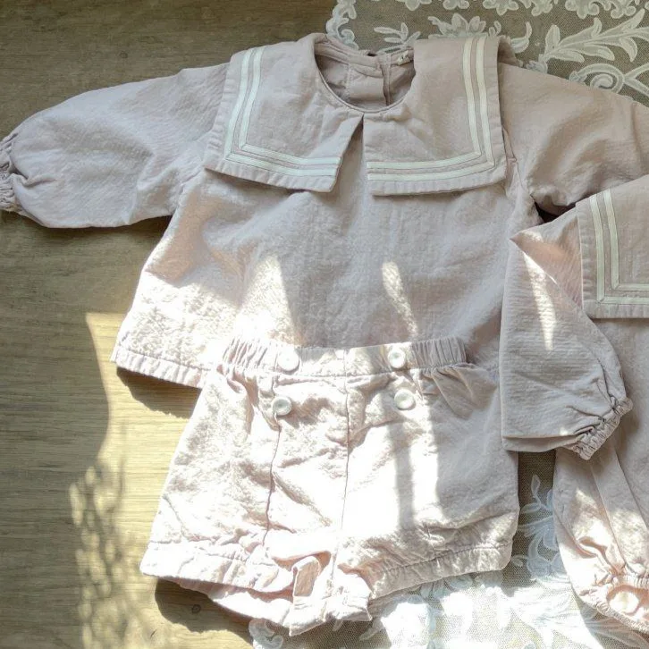 2026 Summer New Boys Girls Sailor Collar Clothes Set Children Long Sleeve Casual Lapel Shirts + Pants 2pcs Suit Toddler Outfits