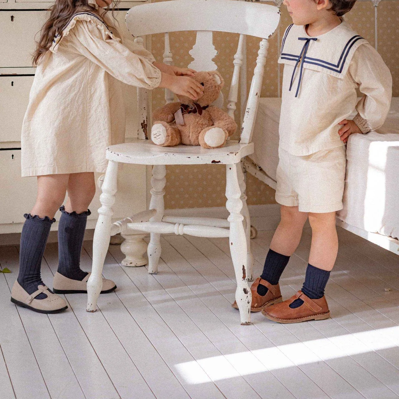 2026 Summer New Boys Girls Sailor Collar Clothes Set Children Long Sleeve Casual Lapel Shirts + Pants 2pcs Suit Toddler Outfits