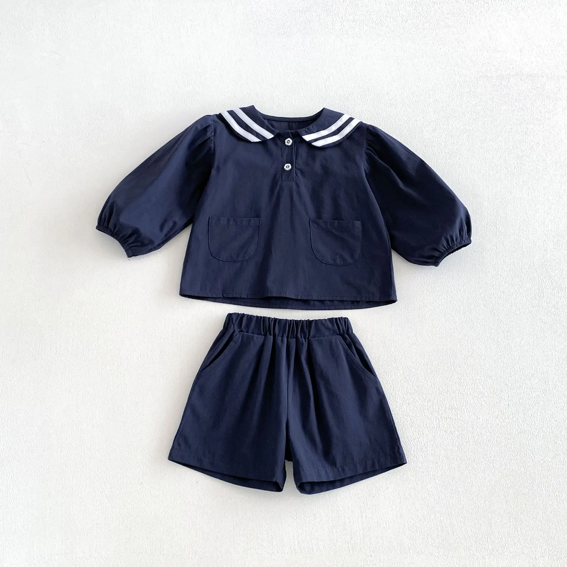 2026 Summer New Boys Girls Sailor Collar Clothes Set Children Long Sleeve Casual Lapel Shirts + Pants 2pcs Suit Toddler Outfits
