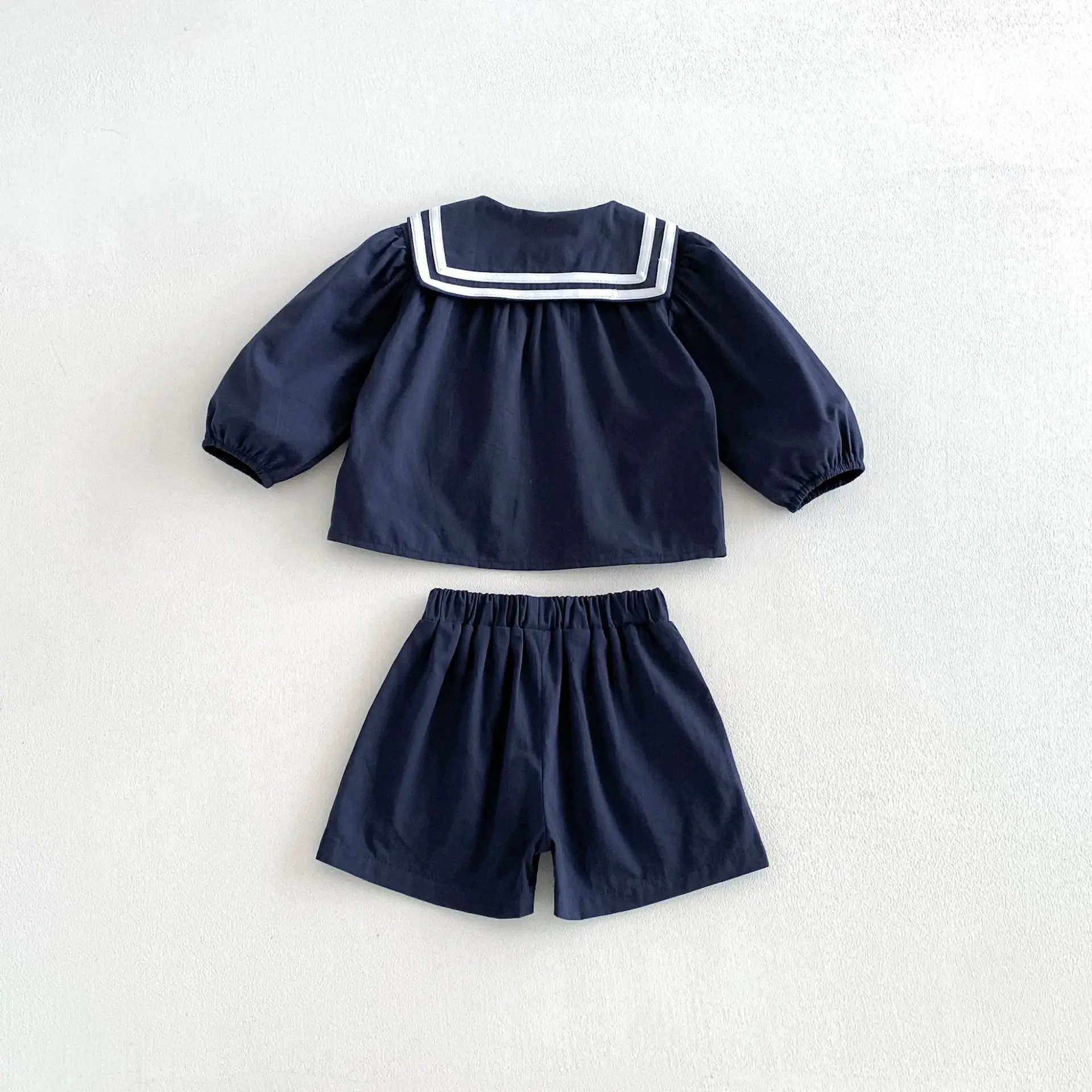 2026 Summer New Boys Girls Sailor Collar Clothes Set Children Long Sleeve Casual Lapel Shirts + Pants 2pcs Suit Toddler Outfits