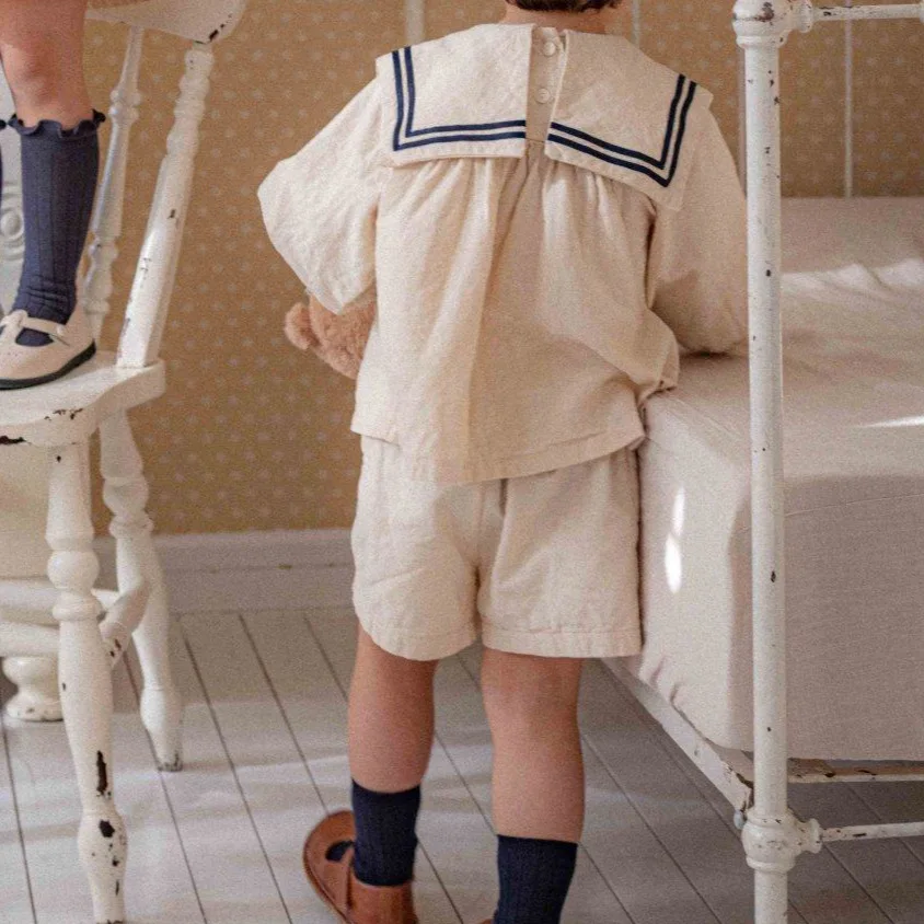 2026 Summer New Boys Girls Sailor Collar Clothes Set Children Long Sleeve Casual Lapel Shirts + Pants 2pcs Suit Toddler Outfits