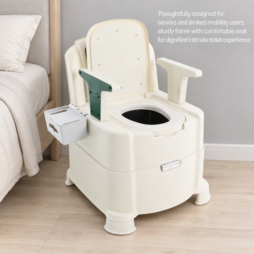 Green Bedside Commode Chair Portable Toilet with Armrests Induction Night Light Dual Black Inner Buckets Bedroom Squat Toilet Dual Use 100kg Load Capacity Anti-Odor Slow-Close Seat for Elderly Disabled Pregnant Home Bathroom RV Camping