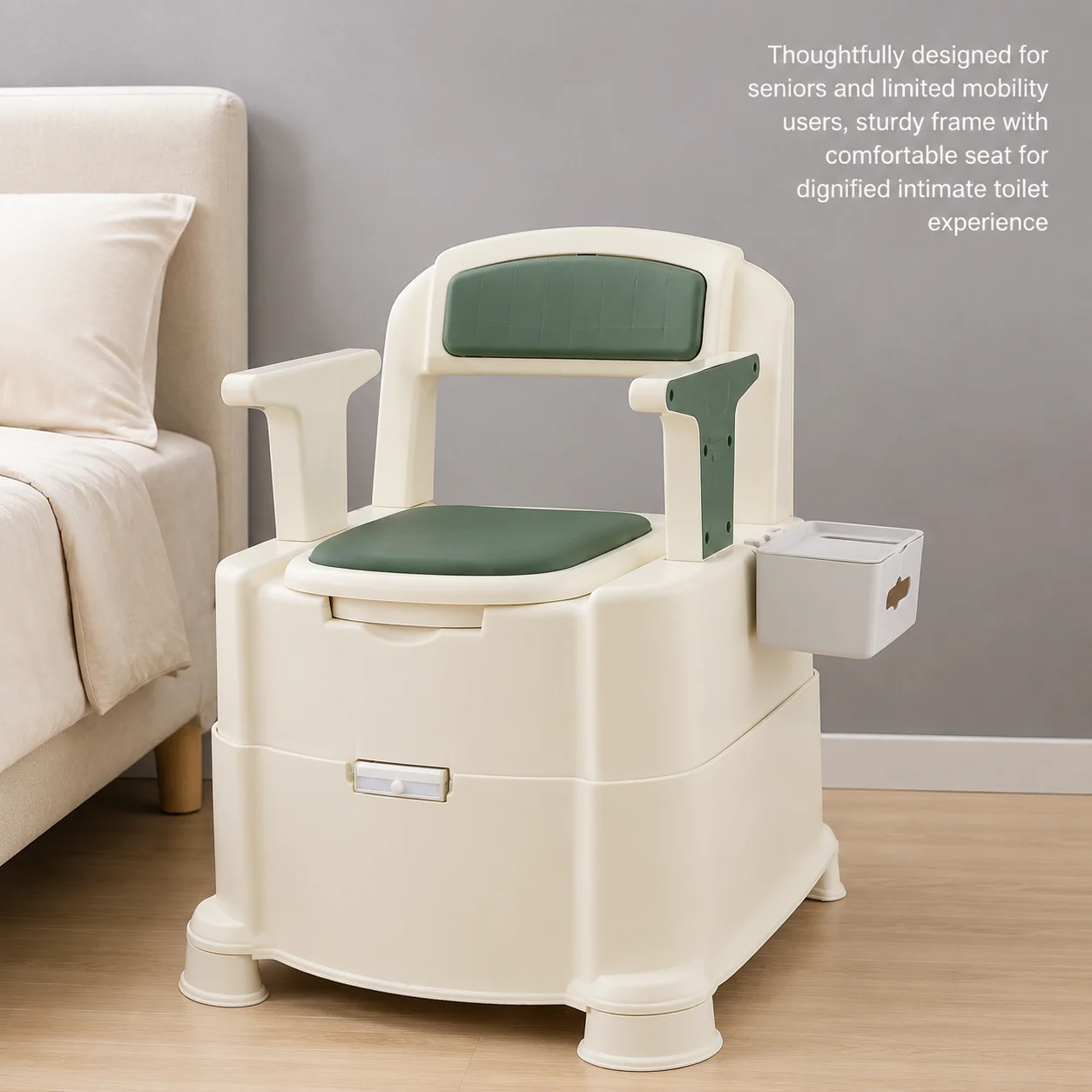 Green Bedside Commode Chair Portable Toilet with Armrests Induction Night Light Dual Black Inner Buckets Bedroom Squat Toilet Dual Use 100kg Load Capacity Anti-Odor Slow-Close Seat for Elderly Disabled Pregnant Home Bathroom RV Camping