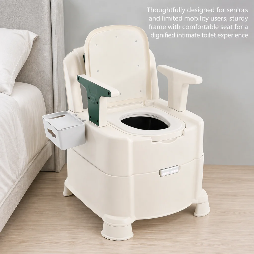 Green Bedside Commode Chair Portable Toilet with Armrests Induction Night Light Dual Black Inner Buckets Bedroom Squat Toilet Dual Use 100kg Load Capacity Anti-Odor Slow-Close Seat for Elderly Disabled Pregnant Home Bathroom RV Camping