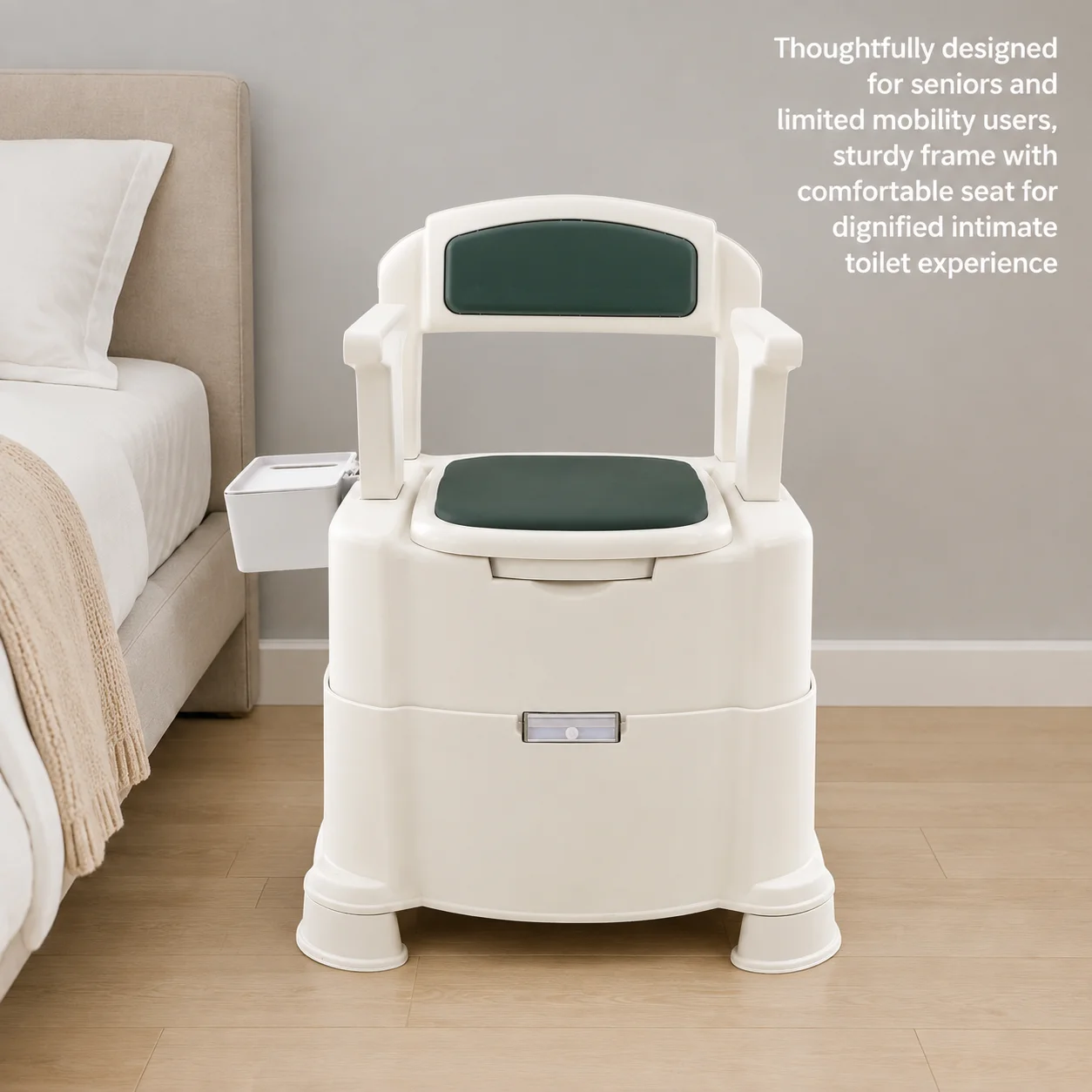 Green Bedside Commode Chair Portable Toilet with Armrests Induction Night Light Dual Black Inner Buckets Bedroom Squat Toilet Dual Use 100kg Load Capacity Anti-Odor Slow-Close Seat for Elderly Disabled Pregnant Home Bathroom RV Camping