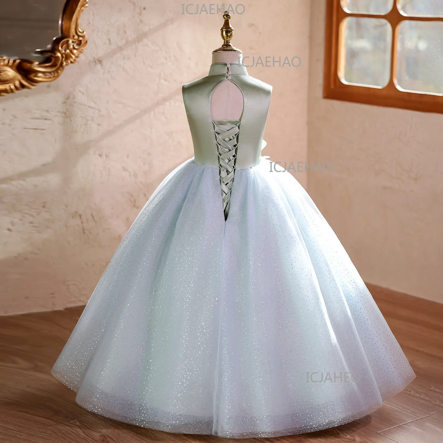 2026 Elegant Embroidery New Chinese Style Blue Green Girls Formal Host Performance Kids Long Birthday Tutu Princess Gown Dresses