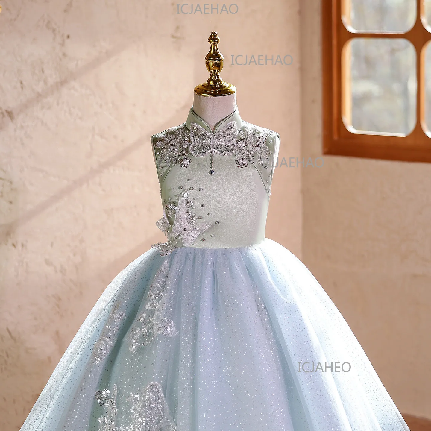 2026 Elegant Embroidery New Chinese Style Blue Green Girls Formal Host Performance Kids Long Birthday Tutu Princess Gown Dresses