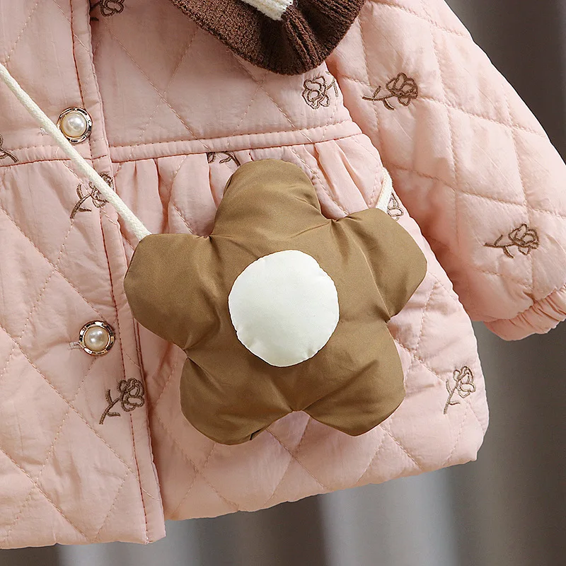 Winter Children Girl Coat Warm Thick Fleece Infant Girl Clothes Doll Collar Kid Jacket Flower Bag Elegant Toddler Outwear A1355