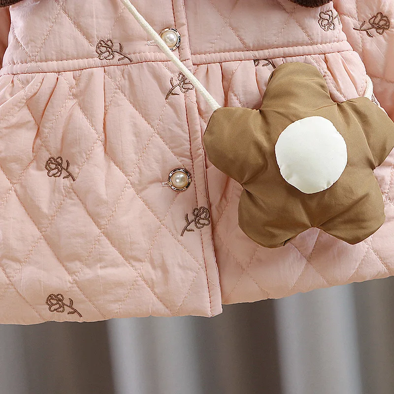 Winter Children Girl Coat Warm Thick Fleece Infant Girl Clothes Doll Collar Kid Jacket Flower Bag Elegant Toddler Outwear A1355