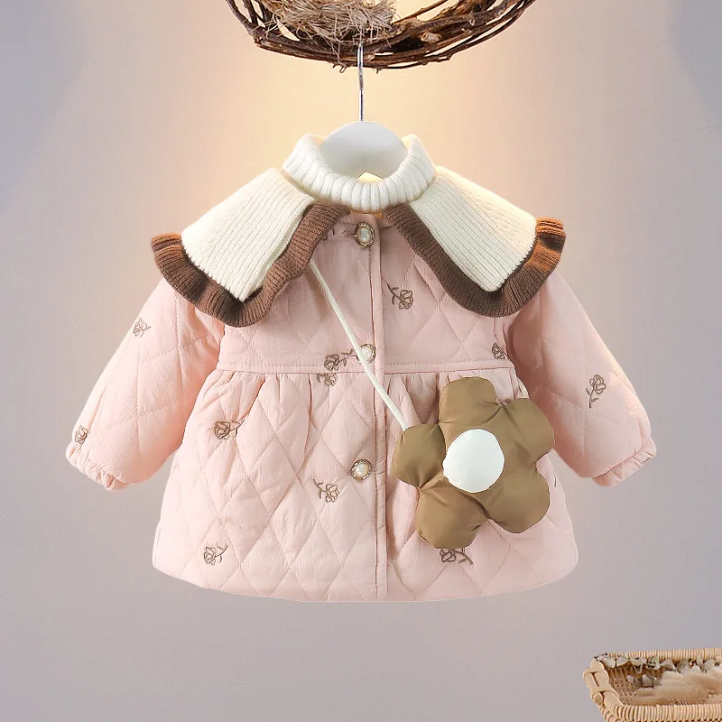 Winter Children Girl Coat Warm Thick Fleece Infant Girl Clothes Doll Collar Kid Jacket Flower Bag Elegant Toddler Outwear A1355