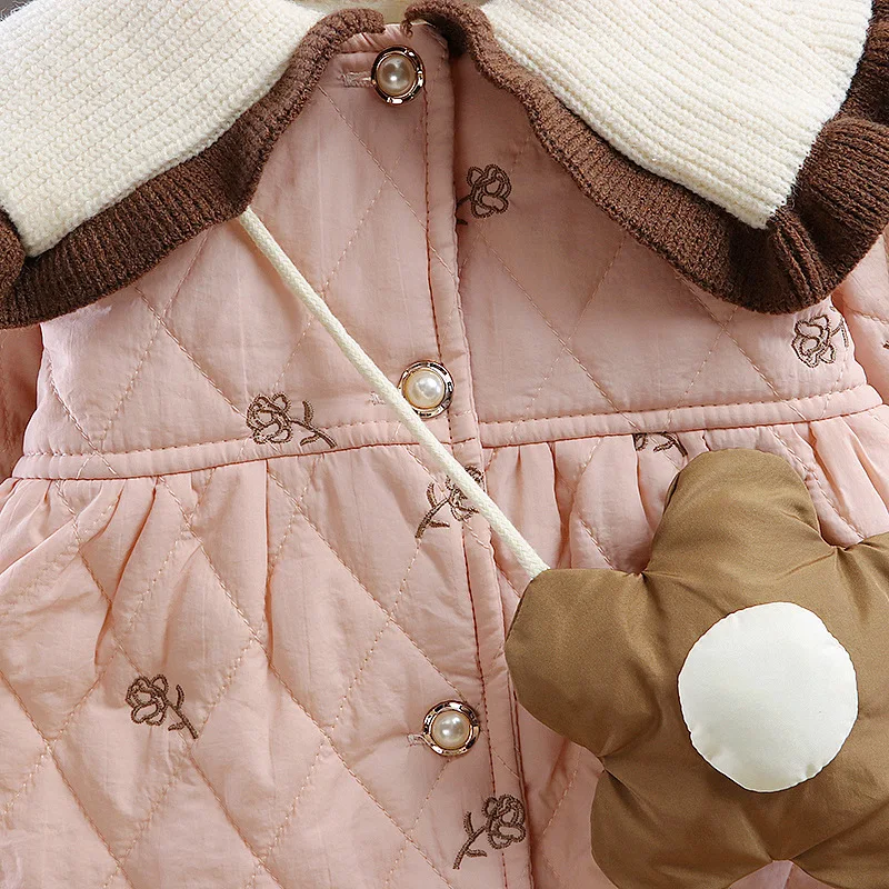 Winter Children Girl Coat Warm Thick Fleece Infant Girl Clothes Doll Collar Kid Jacket Flower Bag Elegant Toddler Outwear A1355