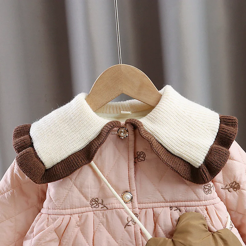 Winter Children Girl Coat Warm Thick Fleece Infant Girl Clothes Doll Collar Kid Jacket Flower Bag Elegant Toddler Outwear A1355
