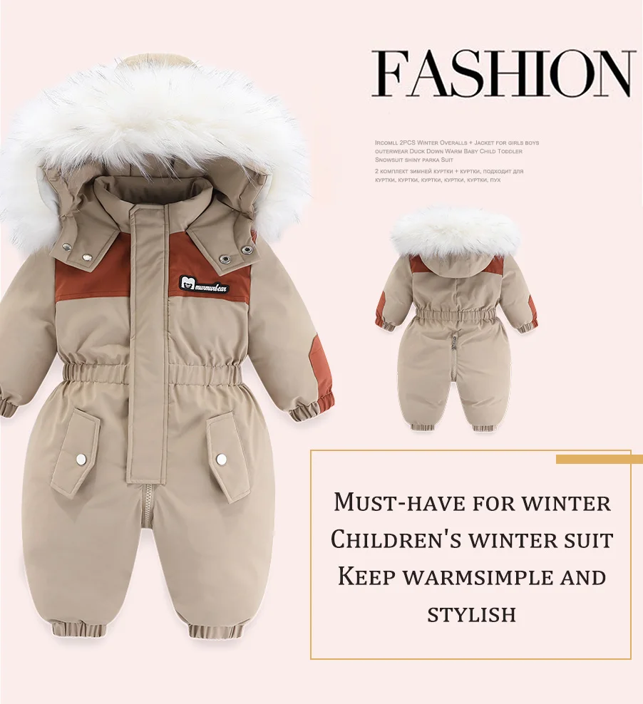 -30 Degree Winter Baby Clothes Overalls Outwear Suits For Infants Baby Ski Suit Thick Baby Jumpsuit Waterproof Hooded For Girls