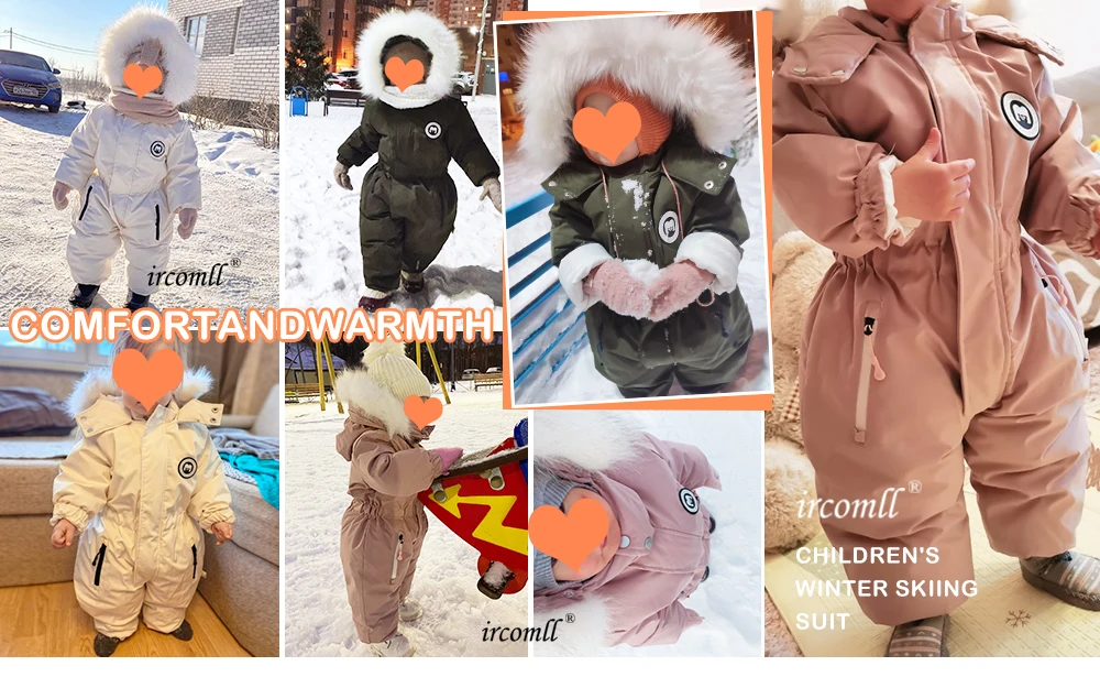-30 Degree Winter Baby Clothes Overalls Outwear Suits For Infants Baby Ski Suit Thick Baby Jumpsuit Waterproof Hooded For Girls
