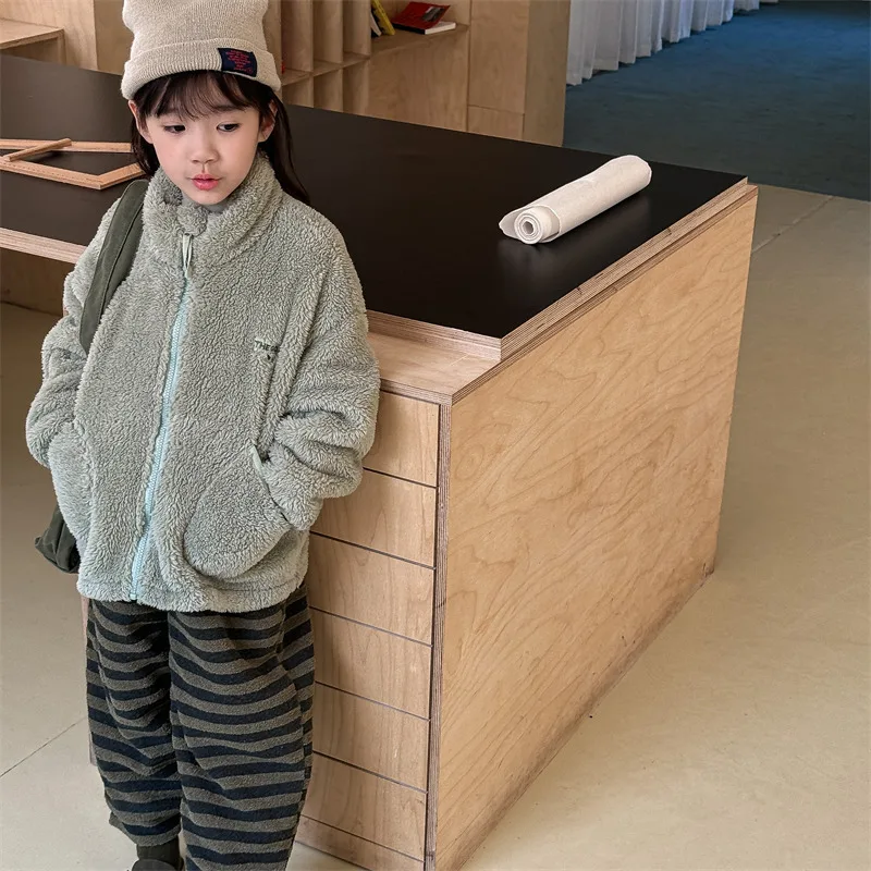 2025 Winter New Children Long Sleeve Warm Plush Coat Plus Velvet Thick Girls Zipper Jacket Baby Solid Fleece Coat Kids Clothes