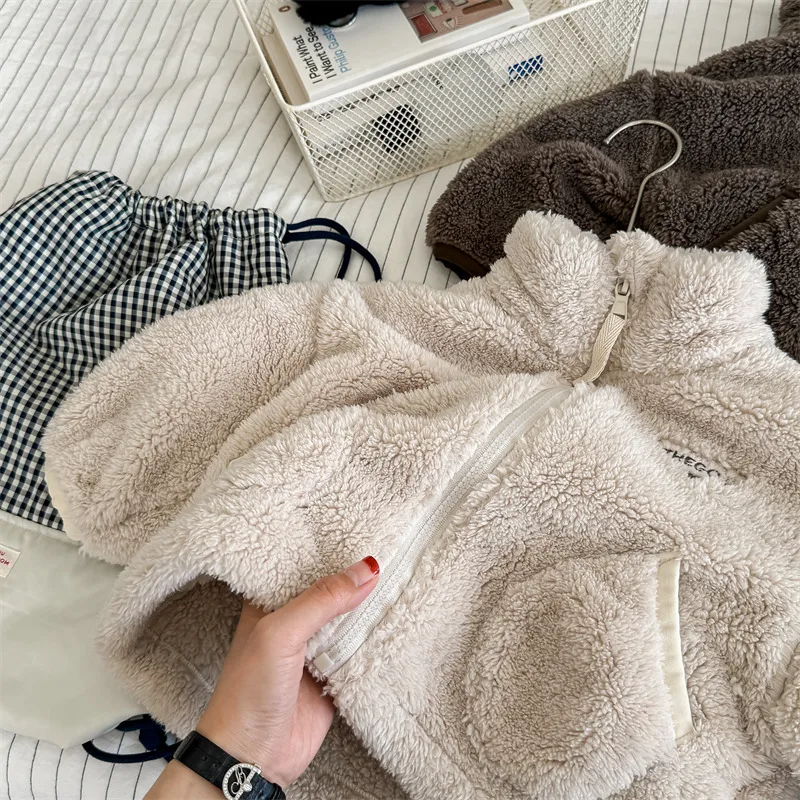 2025 Winter New Children Long Sleeve Warm Plush Coat Plus Velvet Thick Girls Zipper Jacket Baby Solid Fleece Coat Kids Clothes