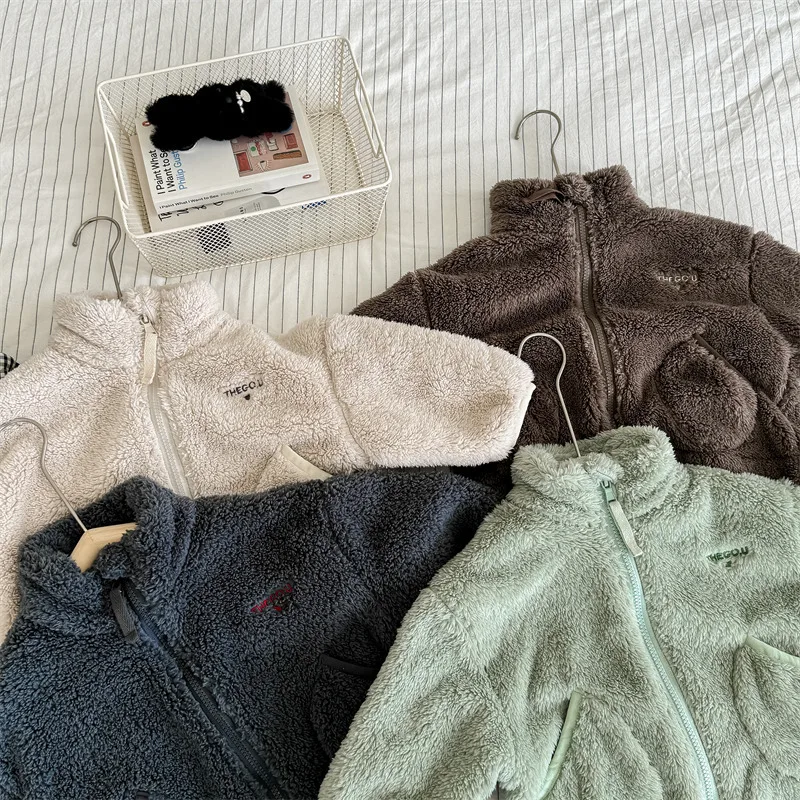 2025 Winter New Children Long Sleeve Warm Plush Coat Plus Velvet Thick Girls Zipper Jacket Baby Solid Fleece Coat Kids Clothes