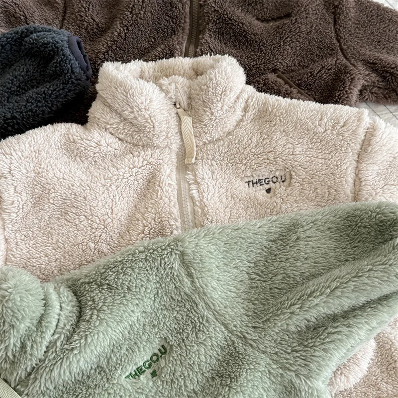 2025 Winter New Children Long Sleeve Warm Plush Coat Plus Velvet Thick Girls Zipper Jacket Baby Solid Fleece Coat Kids Clothes