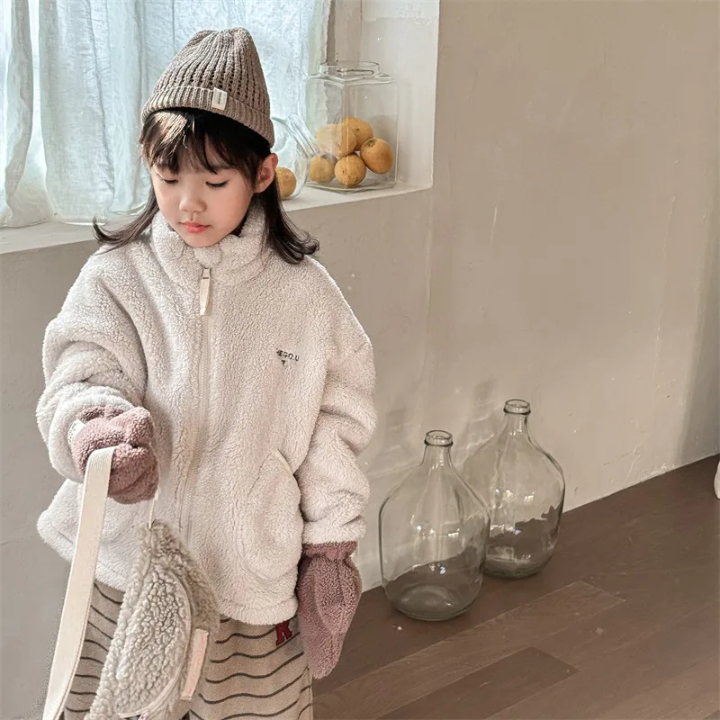 2025 Winter New Children Long Sleeve Warm Plush Coat Plus Velvet Thick Girls Zipper Jacket Baby Solid Fleece Coat Kids Clothes