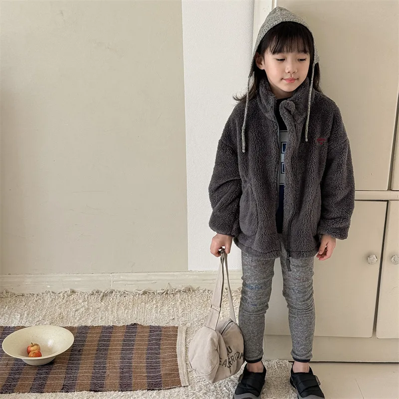 2025 Winter New Children Long Sleeve Warm Plush Coat Plus Velvet Thick Girls Zipper Jacket Baby Solid Fleece Coat Kids Clothes