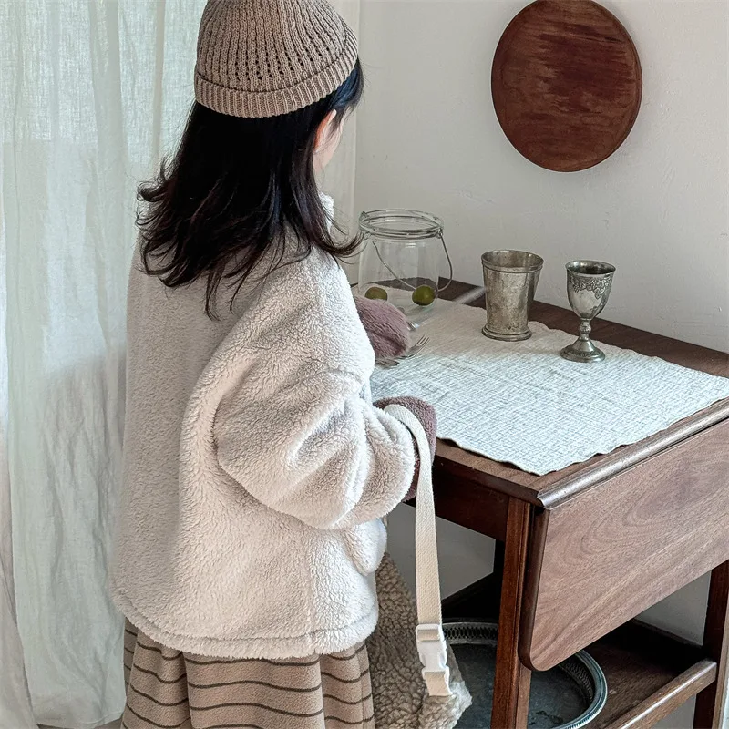 2025 Winter New Children Long Sleeve Warm Plush Coat Plus Velvet Thick Girls Zipper Jacket Baby Solid Fleece Coat Kids Clothes