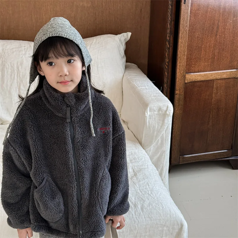 2025 Winter New Children Long Sleeve Warm Plush Coat Plus Velvet Thick Girls Zipper Jacket Baby Solid Fleece Coat Kids Clothes