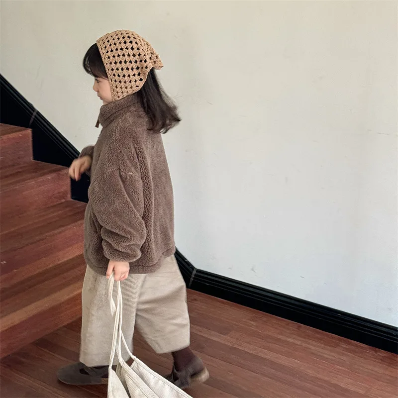 2025 Winter New Children Long Sleeve Warm Plush Coat Plus Velvet Thick Girls Zipper Jacket Baby Solid Fleece Coat Kids Clothes